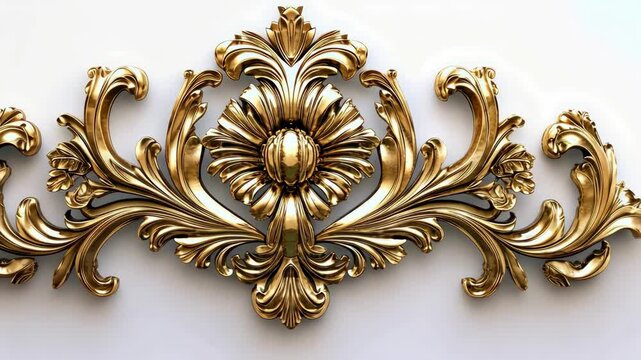 ornate golden floral scroll design against soft white background rendering, opulent decor
