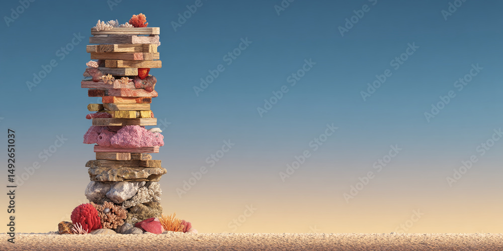 Poster stacked wooden planks and coral create a vertical display against a sky background, showcasing a bea