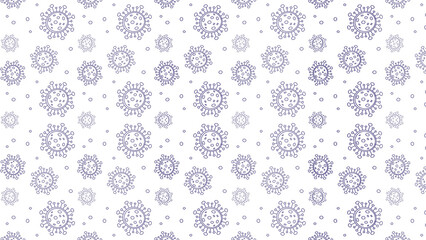 A repeating pattern of virus cells and small dots on a white background in a hand drawn style design
