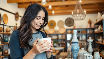 A young woman examining a ceramic item in a stylish home decor store, with wooden beams on the ceiling and various decorative items displayed around her. The scene conveys a warm and inviting atmosphe