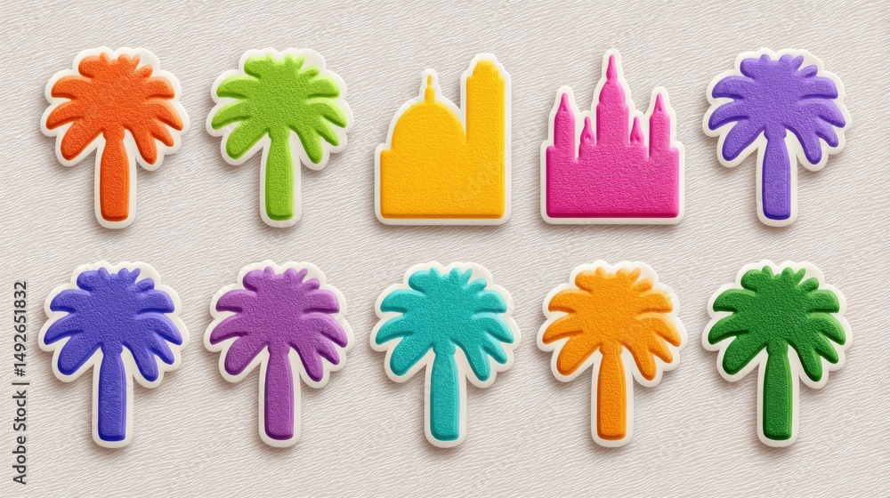 Poster vibrant palm tree motifs in various colors creating a playful backdrop featuring unique architectura