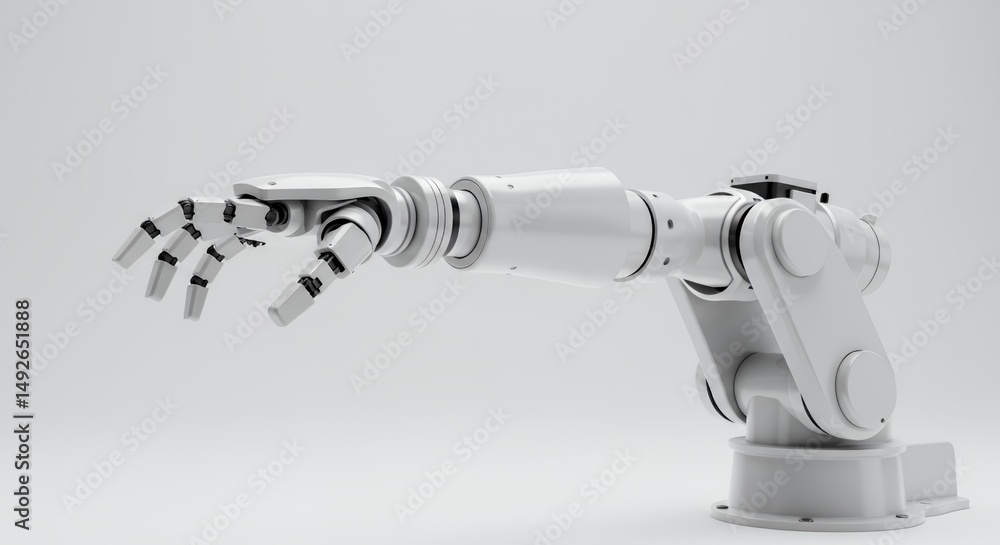Poster dynamic gleaming white robotic arm with articulated joints extending and rotating isolated on white 