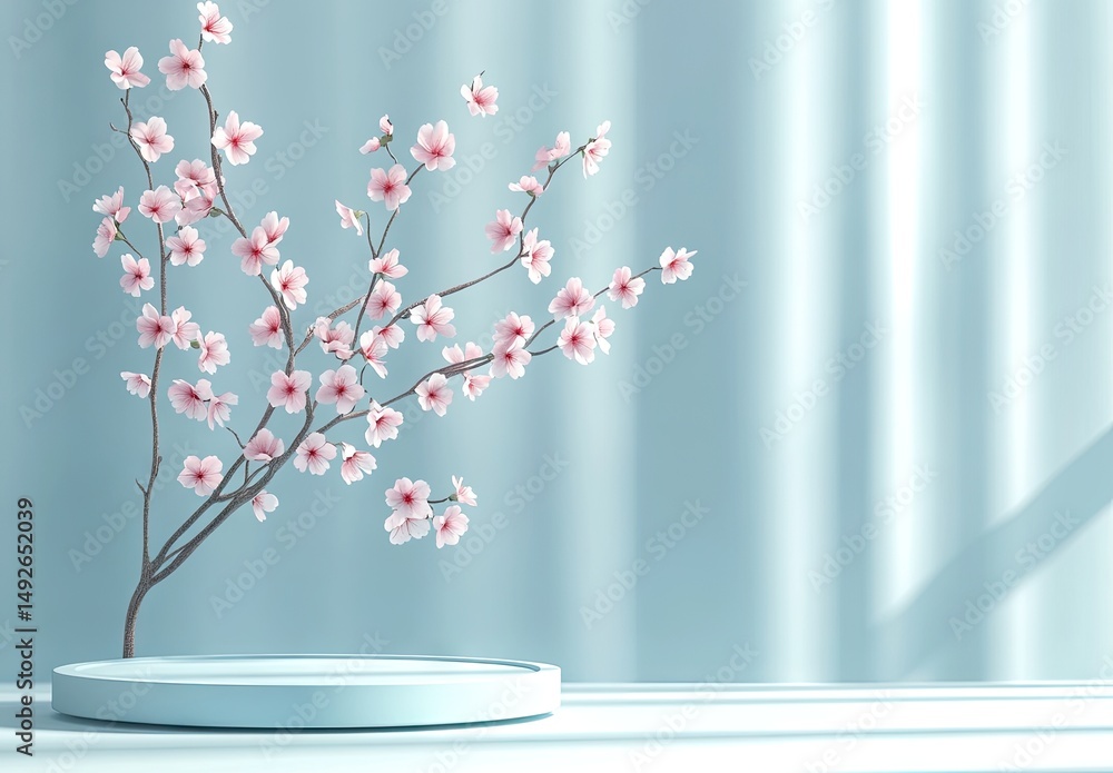 Aufkleber a serene pastel backdrop featuring a circular platform surrounded by delicate cherry blossom branche