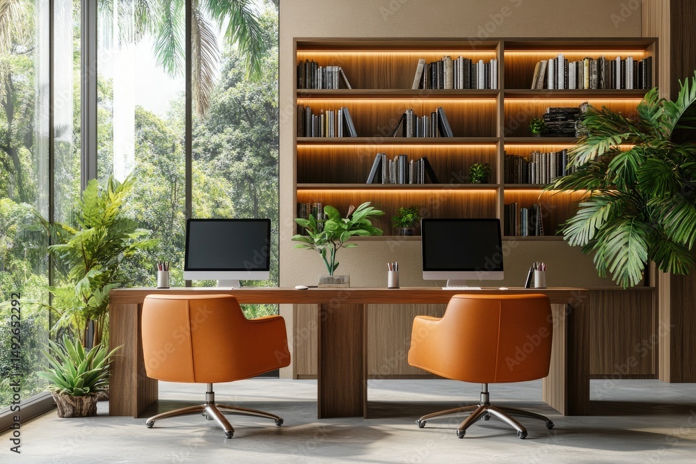 Poster a modern office workspace featuring two orange chairs and desktop computers. surrounded by lush gree