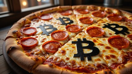 Photorealistic Pepperoni Pizza with Edible Bitcoin Symbols &ndash; Modern Food Concept