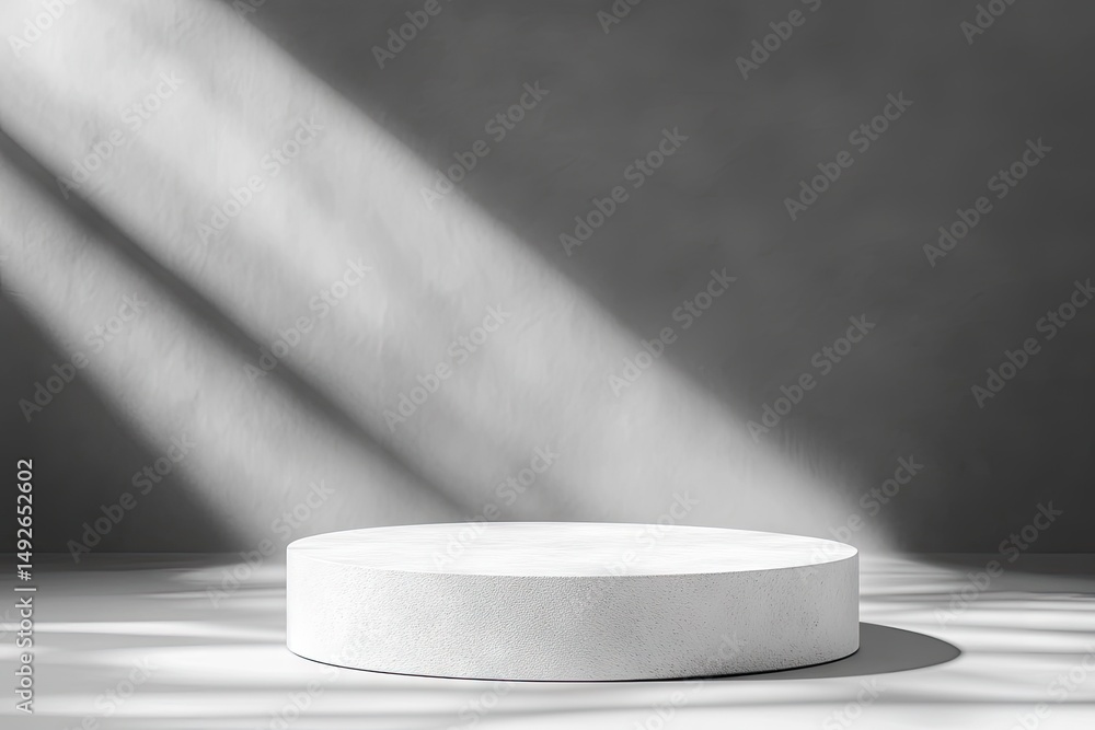 Poster a minimalist white circular pedestal illuminated by a dramatic beam of light against a dark gray bac