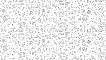 A seamless pattern of school supplies and educational icons in black and white line art style drawing design