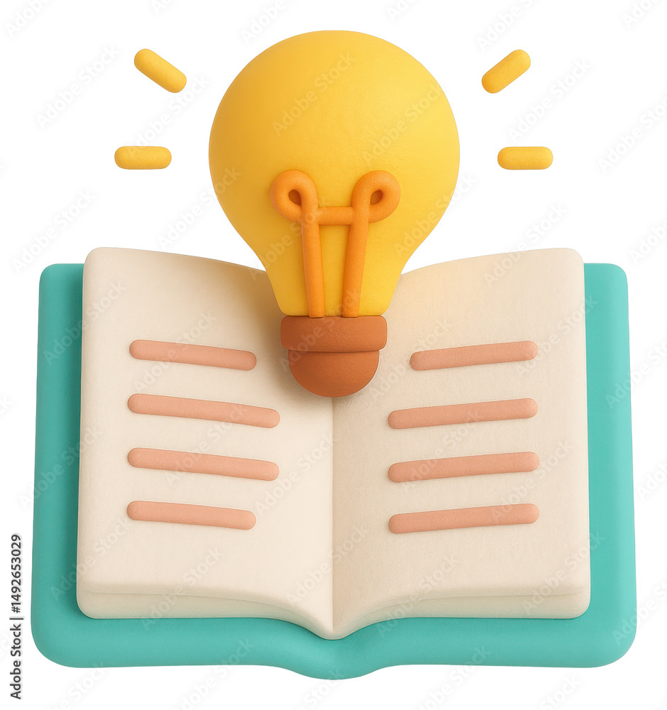 Aufkleber 3d render of a yellow lightbulb above an open book on a teal background