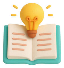 3D Render of a Yellow Lightbulb above an Open Book on a Teal Background