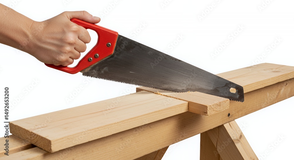 Poster hand saws light wood plank on simple structure in a isolated white background with a sharp blade cap
