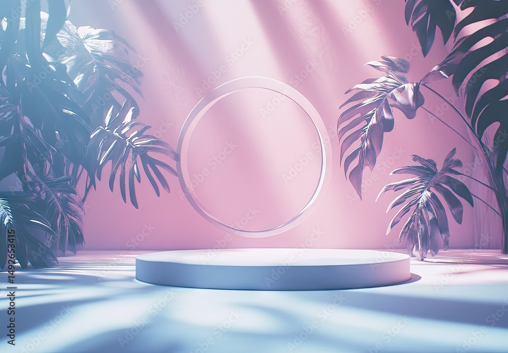 Poster a serene and ethereal scene featuring a circular platform surrounded by lush palm leaves. with a lar