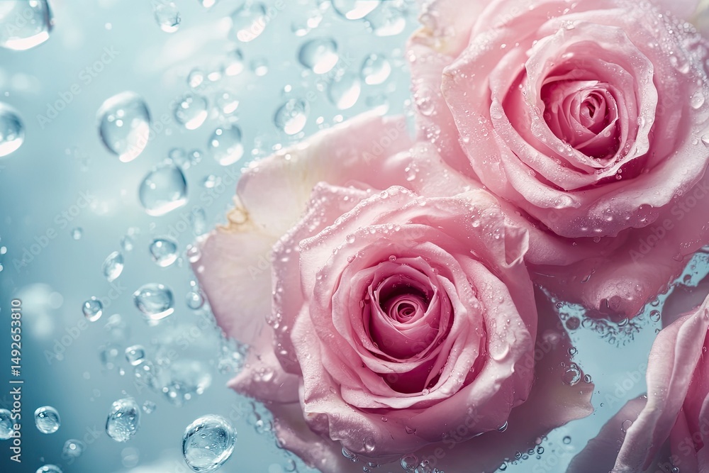 Aufkleber three delicate pink roses submerged in shimmering water. surrounded by bubbles. creating a serene an