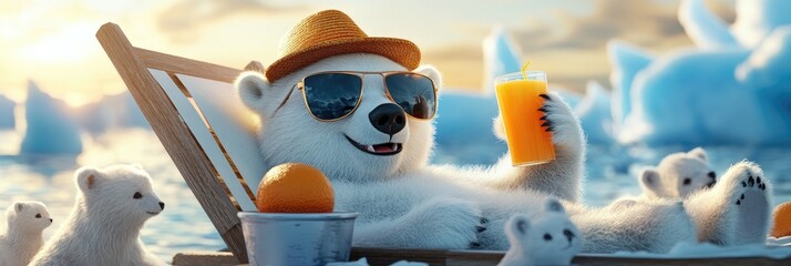Obraz premium A cheerful polar bear relaxing on a deck chair in a serene icy landscape. sipping a tropical drink while enjoying the sunny weather and floating icebergs in the background