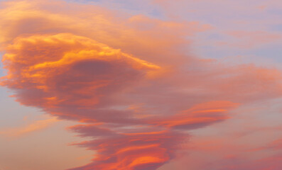 Real majestic sunrise sunset sky background with bright colorful clouds without birds. Panoramic,...
