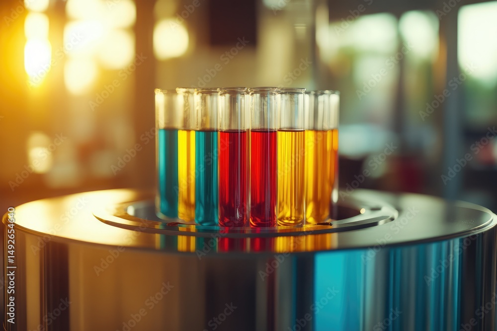 Poster colorful liquids in test tubes, a science experiment in progress.