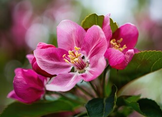 Blossoming pink flowers in a vibrant garden during springtime