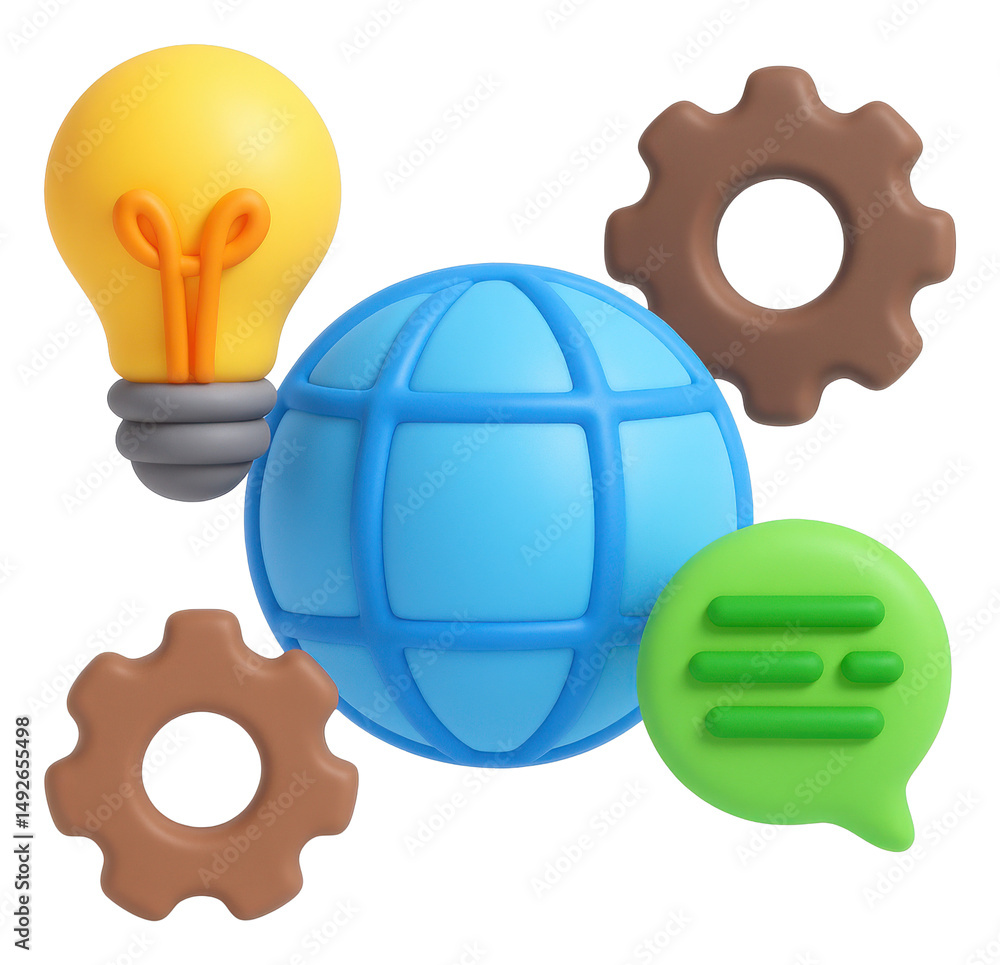 Poster 3d render of global networking concept with lightbulb gears and chat icons