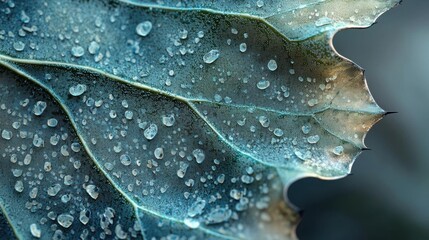 Fototapeta premium Close-up of a leaf with water droplets on it. the leaf appears to be a dark green color and has a rough texture. the droplets are scattered across the surface of the leaf, covering the entire surface.