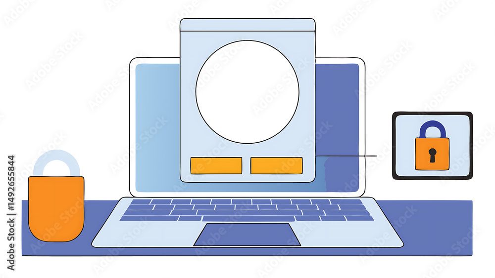 Poster laptop on desk with face recognition hologram on light background face id and password concept 3d re