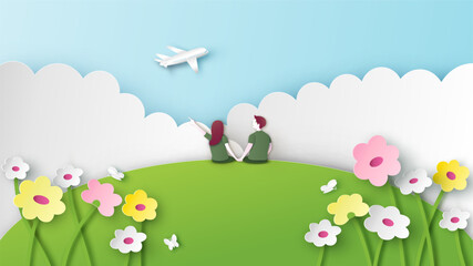 Honeymoon young couple are sitting and watching sky in Spring. Nature scenery in Spring paper cut and craft style. vector, illustration.