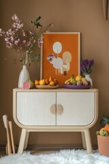 A beautifully arranged modern living space showcasing a stylish cabinet adorned with vibrant fruits. elegant flowers. and abstract art. creating a warm and inviting atmosphere