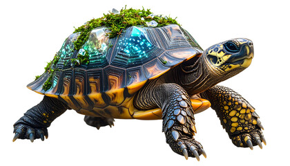Obraz premium Fantasy-style turtle with a moss-covered shell embedded with crystals and bioluminescent patterns