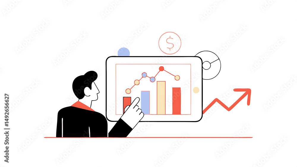 Aufkleber man in a suit analyzing financial graphs and charts on a tablet white background concept of business