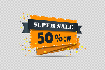 Bright banner with discount and super sale with festive orange ribbon and colorful confetti.