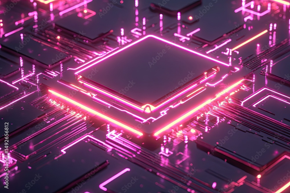 Poster a futuristic circuit board with a glowing pink processor at its center. set against a dark backgroun