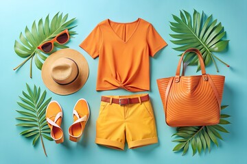 Summer vacation flat lay with orange clothes and accessories