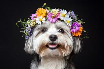 Cute baby dog finnish lapphund wearing untamed flower circlet on its head - symbol of sunny holiday season. Isolated pink background, copy space, promotion idea. Professional studio picture.
