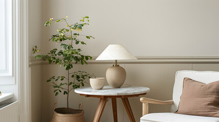 A cozy interior scene featuring a plant, lamp, table, and chair in a neutral toned room setting