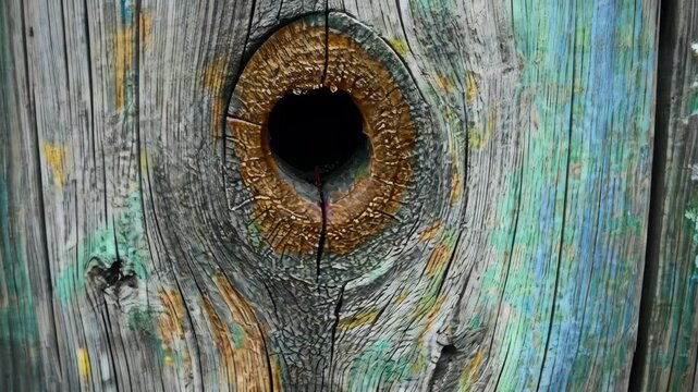 Weathered wooden board with knot and remnants of blue and green paint, worn, textured surface.