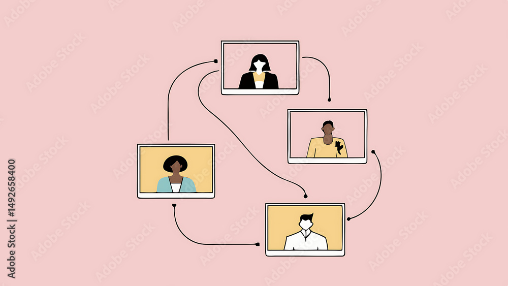 Poster network of digital screens displaying professionals in technology and media on a dynamic blue backgr