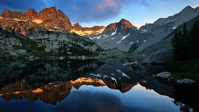 mountain peaks reflected in calm lake at sunset with pine trees and rocky landscape, scenic vista