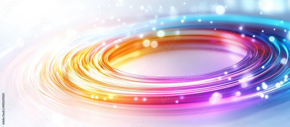 Poster a vibrant abstract swirl of colorful particles and light emanating from a central point. creating a 