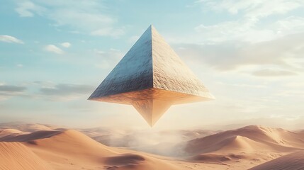 Geometric structure floating above desert sand dunes under blue sky