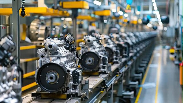 Automobile engine assembly line in factory
