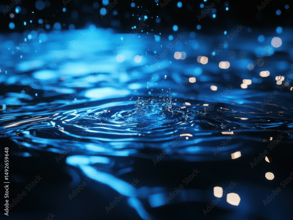 Poster splashing water close up with bokeh lights in blue tones creating ripples and droplets in a dark env