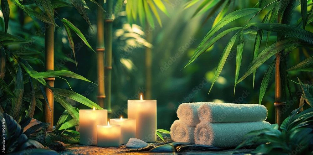 Poster a serene spa setting in a lush green forest. featuring rolled towels and lit candles on a wooden tab