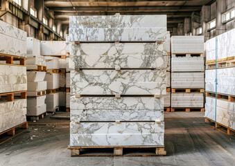 White marble slabs are neatly stacked on pallets inside a spacious warehouse, prepared for upcoming projects and installations
