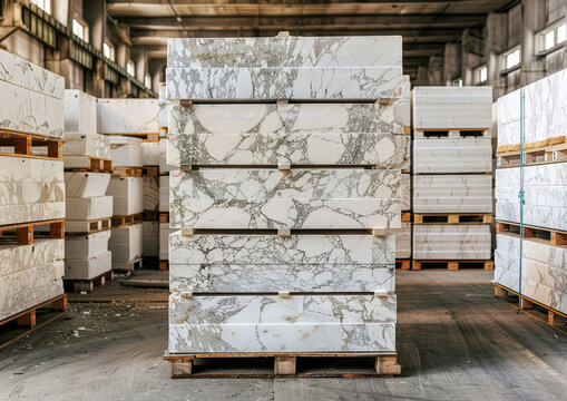 White marble slabs are neatly stacked on pallets inside a spacious warehouse, prepared for upcoming projects and installations