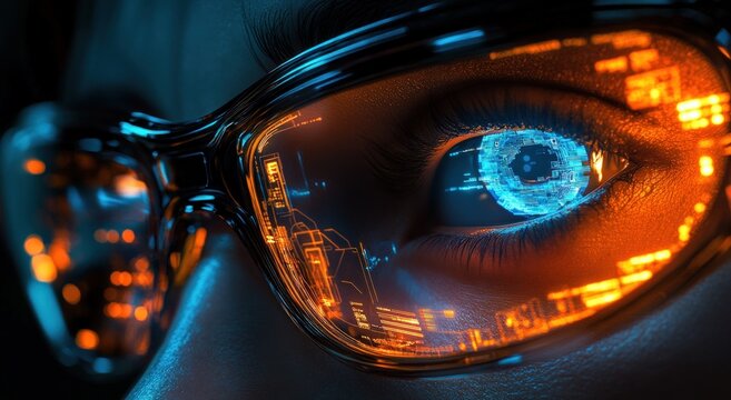 Close-up of a person's eye with futuristic glasses displaying glowing data - Powered by Adobe
