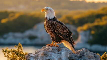 Fototapeta premium Majestic eagle perched on a rock overlooking a scenic landscape at sunset