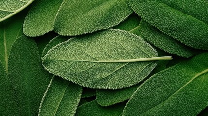 Obraz premium Close-up of a group of green leaves. the leaves are arranged in a scattered manner, with some overlapping each other. the texture of the leaves is rough and bumpy, with deep grooves and ridges.