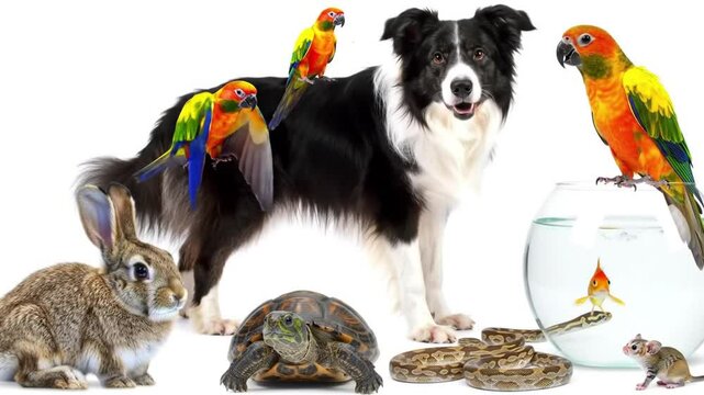 Various Pets Posing Together Isolated on Green Screen Background Featuring Dog Rabbit Parrots Turtle Snake Mouse and Fish in a Bowl Perfect for Decoration and Animal Themes
