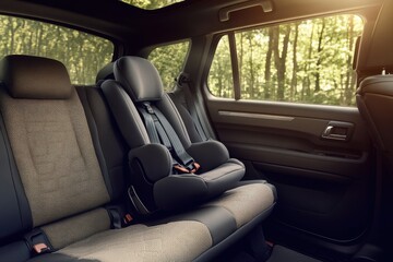 Child Safety Seat Installed in Modern Vehicle Interior Surrounded by Nature, Emphasizing Safety and Comfort for Young Passengers While Traveling