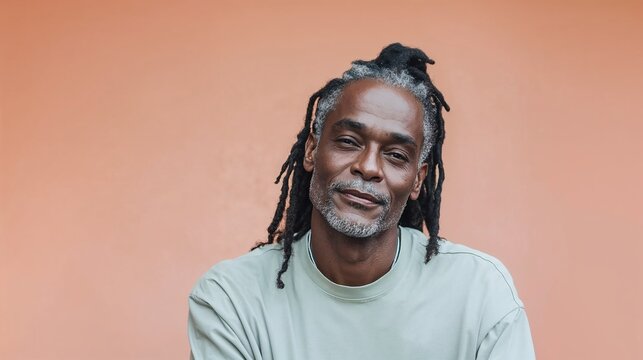 Older black man with dreds smiling casually against a warm orange background  