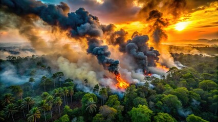 Fototapeta premium Rainforest Deforestation Burning Trees Aerial Photography, Amazon Destruction, Environmental Disaster Image