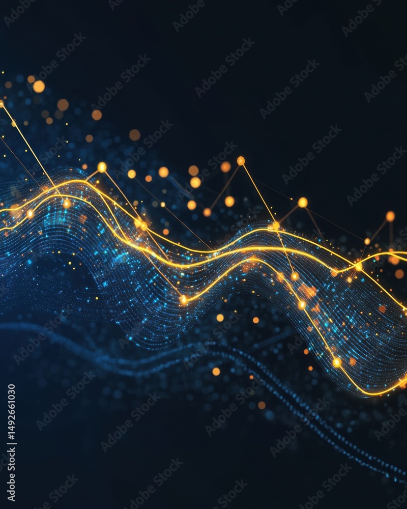 Poster abstract data visualization of glowing lines and dots on dark background illustrating connectivity a